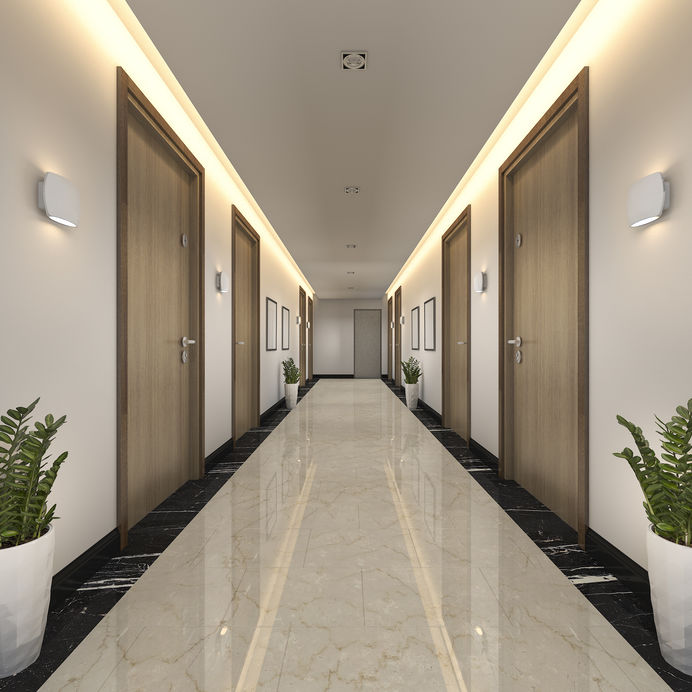 A Picture of a Modern Luxury Wood and Tile Hotel Corridor.